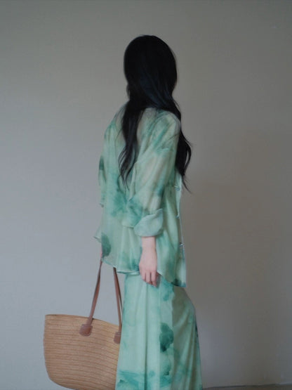 TYANG Design [Qingcheng] Chinese Style New Chinese Ink Disk Button Cardigan Mesh Sling Dress for Women