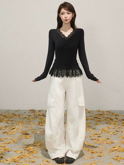 Xie Bu Rou lace splicing V-neck long-sleeved T-shirt for women in autumn, slim waist and slimming casual all-match top