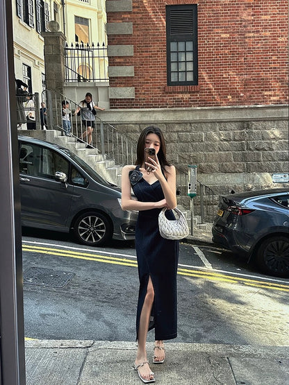 ZQ Ziqing's "Hong Kong Rose" 3D Floral Backless Denim Dress - New Summer Style, Slim Fit Long Dress