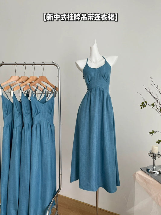 Youni's homemade design of stir-fried linen sky Qingyu national style new Chinese style halterneck suspender dress