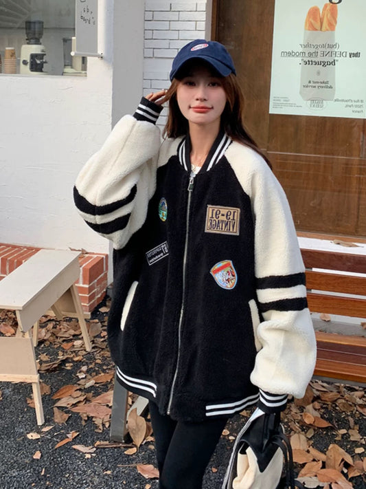Korean Fashion Contrast Color Lamb Wool Baseball Suit Women's Short 2024 Winter New Fashion Label Warm Thickened Cotton Suit