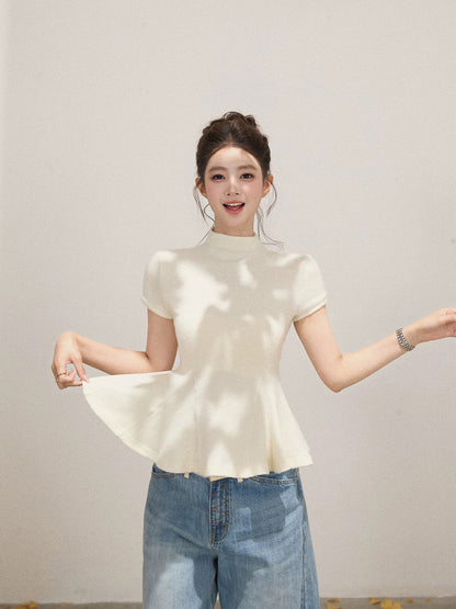 Xie Bu Rou Half-high collar ruffled temperament knitted short-sleeved T-shirt women's early autumn solid color casual waist slimming top