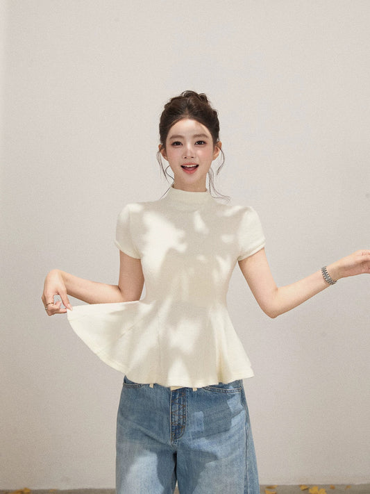 Xie Bu Rou Half-high collar ruffled temperament knitted short-sleeved T-shirt women's early autumn solid color casual waist slimming top