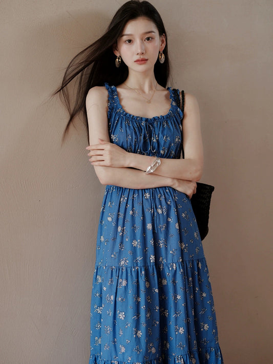 TYANG Eryang Design [Please Summer] National Style New Chinese Style White Retro Klein Blue Floral Dress for Women