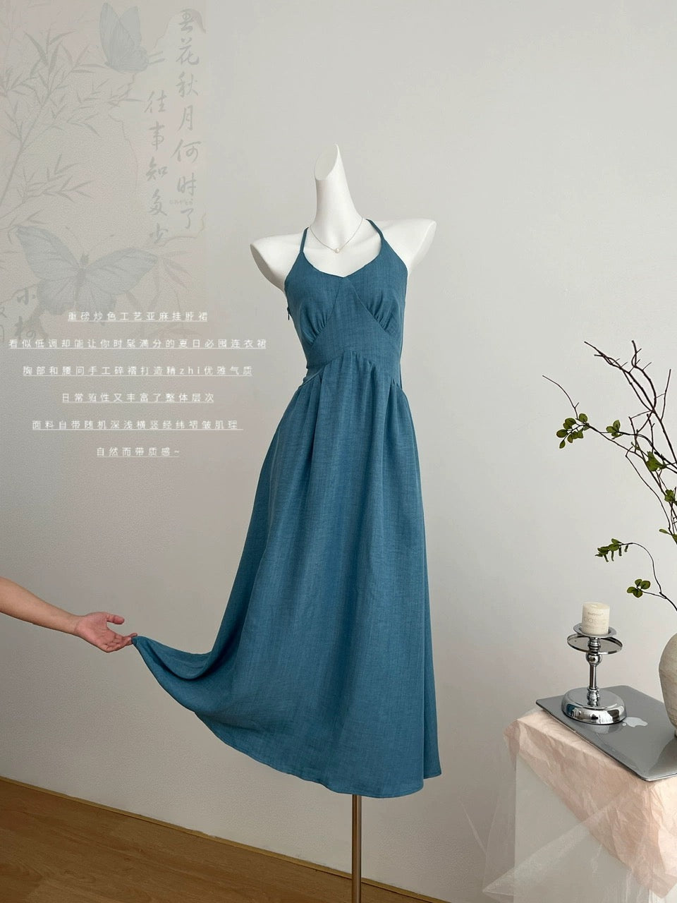 Youni's homemade design of stir-fried linen sky Qingyu national style new Chinese style halterneck suspender dress