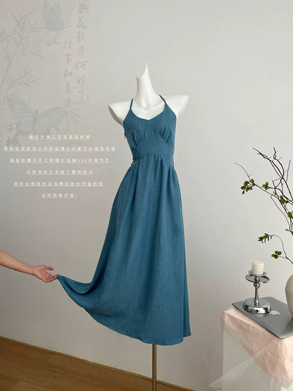 Youni's homemade design of stir-fried linen sky Qingyu national style new Chinese style halterneck suspender dress