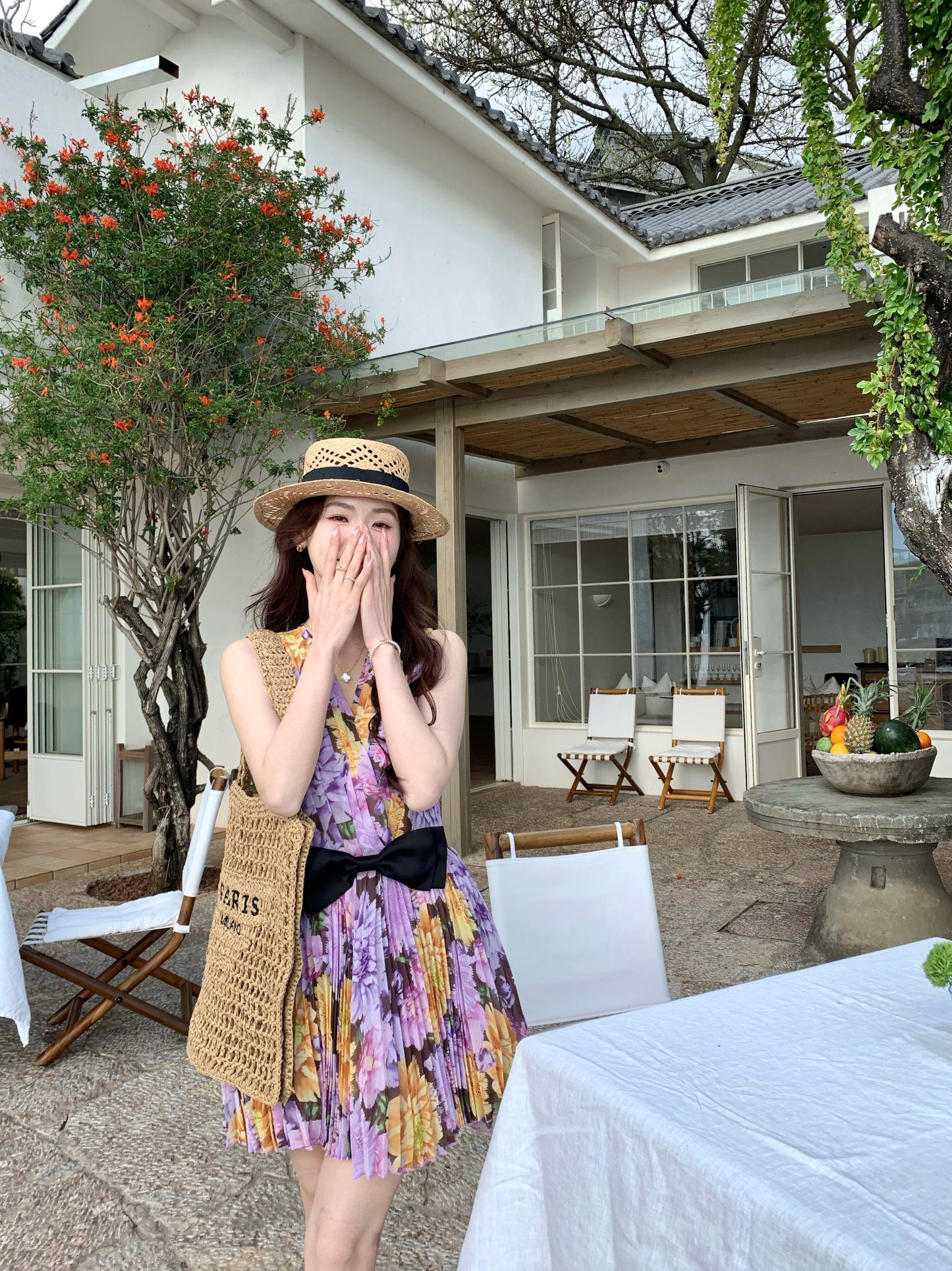 Syeee Sunflower Pleated Dress with Bow and Purple Floral Design - Spring/Summer - Slimming, Flowing, and Elegant V-Neck Dress