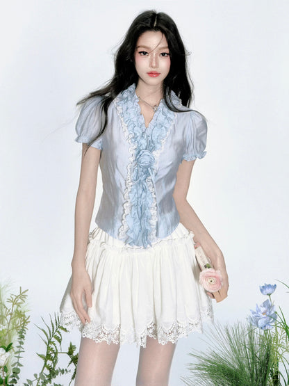 Fragileheart Fragile Store · Mist Girl Gray Blue French Pleated Flower Shirt Puff Sleeve Top