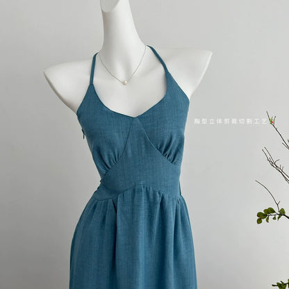 Youni's homemade design of stir-fried linen sky Qingyu national style new Chinese style halterneck suspender dress