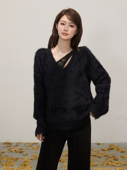 Xie Bu Rou deep V-neck plush long-sleeved sweater for women autumn lazy loose simple pullover outer wear warm top