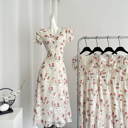 Youni homemade/hanging begonia floral V-neck dress women's summer French style gentle puff sleeves temperament design