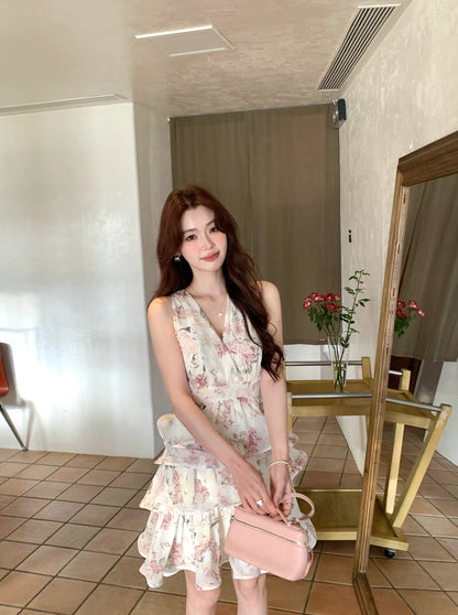 Syeee Star-Woven Dream Layered Ruffled Floral Dress for Women, Spring/Summer, Gentle and Slimming V-Neck Dress