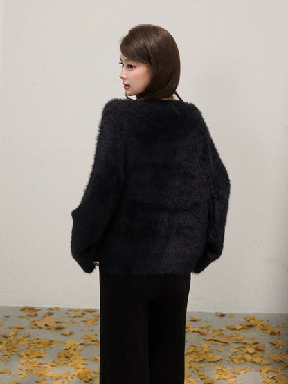 Xie Bu Rou deep V-neck plush long-sleeved sweater for women autumn lazy loose simple pullover outer wear warm top