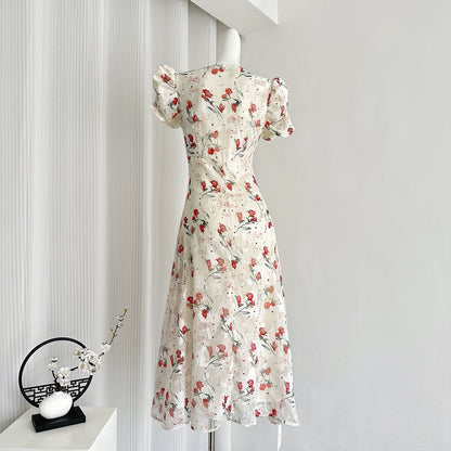Youni homemade/hanging begonia floral V-neck dress women's summer French style gentle puff sleeves temperament design