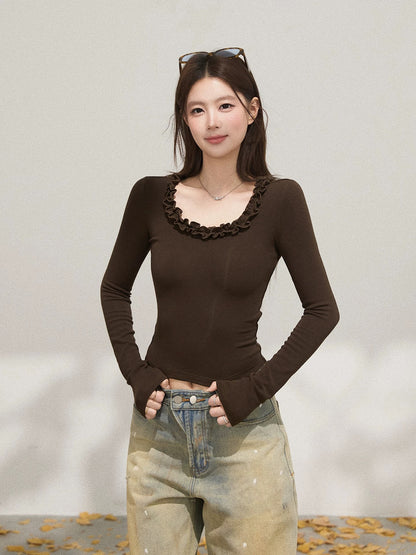 Xie Burou ruffled U-neck coffee-colored straight shoulder long-sleeved T-shirt for women's autumn casual waist slim fit bottoming shirt