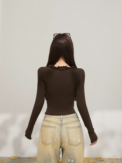 Xie Burou ruffled U-neck coffee-colored straight shoulder long-sleeved T-shirt for women's autumn casual waist slim fit bottoming shirt
