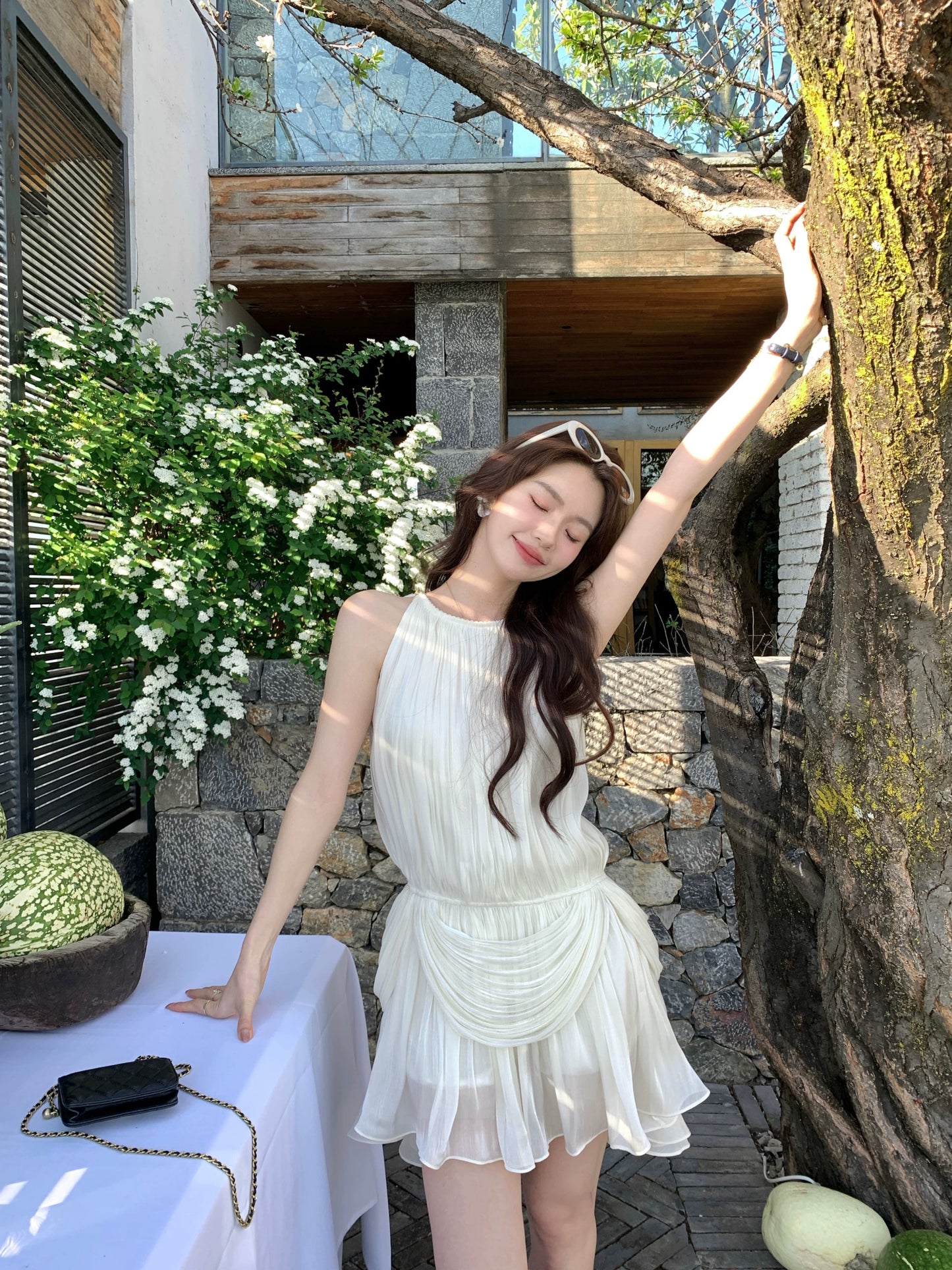 Syeee's "Starry Night" White Shimmering Pleated Halter Neck Sleeveless Dress - Summer Ethereal and High-End Dress