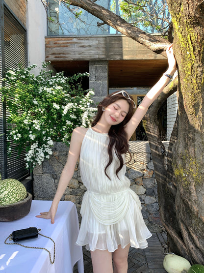 Syeee's "Starry Night" White Shimmering Pleated Halter Neck Sleeveless Dress - Summer Ethereal and High-End Dress