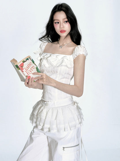 Fragileheart Fragile Store·Summer Chant French lace off-shoulder top two-way wear one-shoulder T-shirt