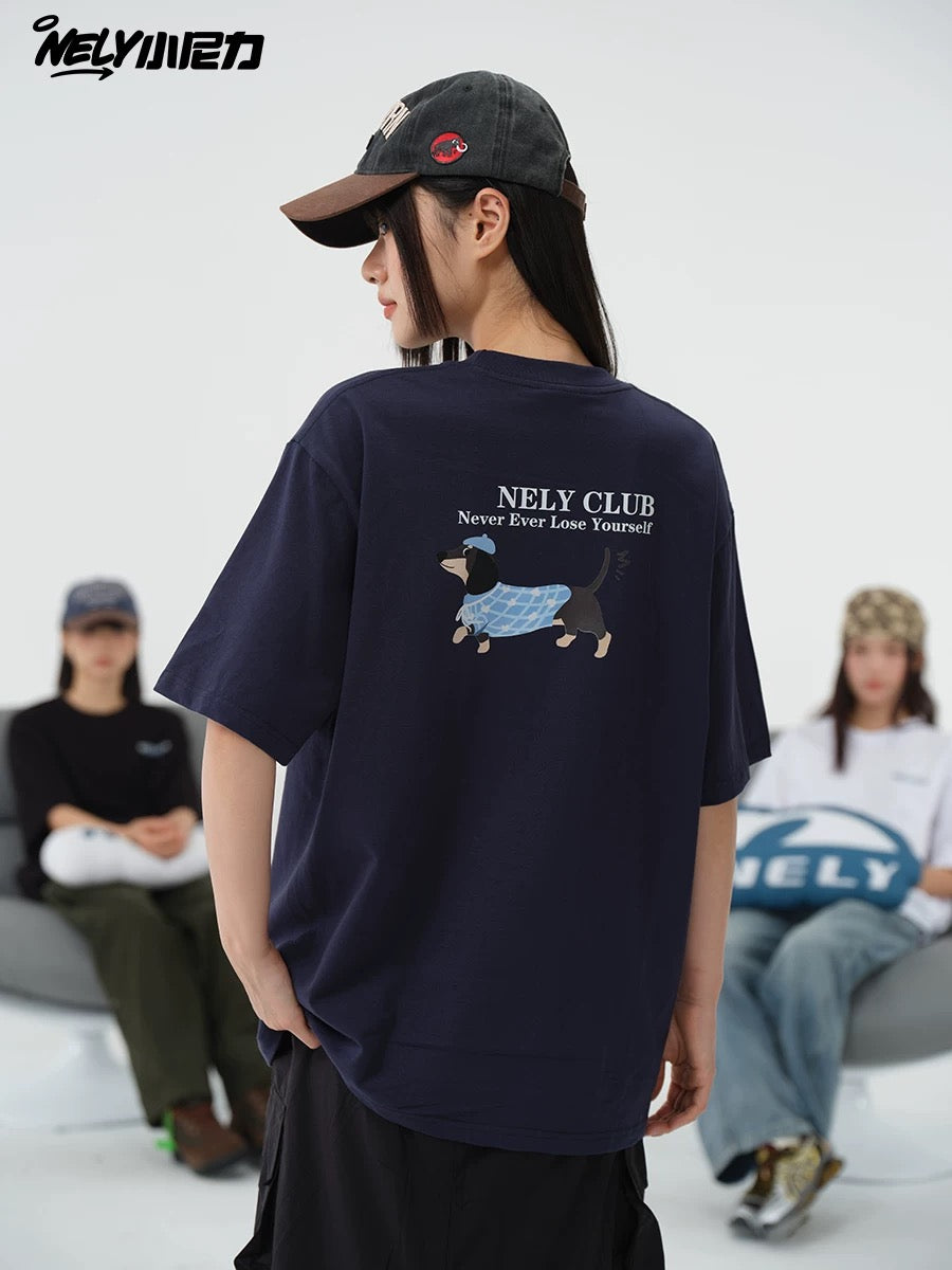 NELY Little Nelly Dachshund Printed White Short-sleeved T-shirt for Men and Women 2025 New Summer Loose Couple Tops