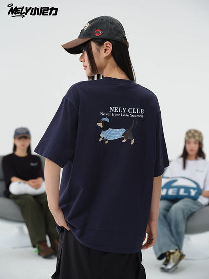 NELY Little Nelly Dachshund Printed White Short-sleeved T-shirt for Men and Women 2025 New Summer Loose Couple Tops