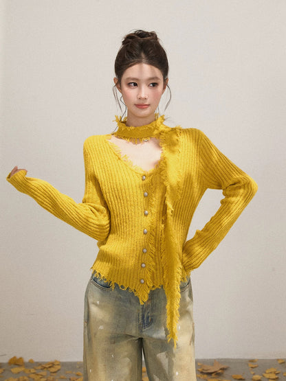 Xie Bu Rou tassel raw edge V-neck long-sleeved knitted sweater for women autumn design with ribbon waist slim fit top