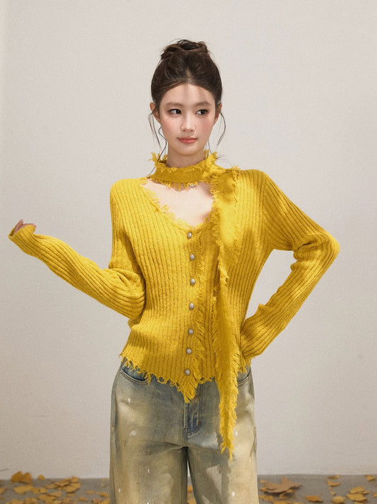 Xie Bu Rou tassel raw edge V-neck long-sleeved knitted sweater for women autumn design with ribbon waist slim fit top