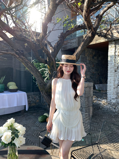 Syeee's "Starry Night" White Shimmering Pleated Halter Neck Sleeveless Dress - Summer Ethereal and High-End Dress