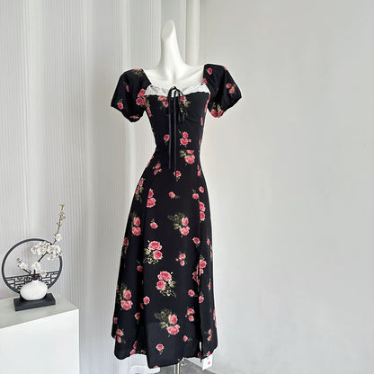 Youni's homemade ◆ 5.24 AM10:00 French retro square neck summer printed dress