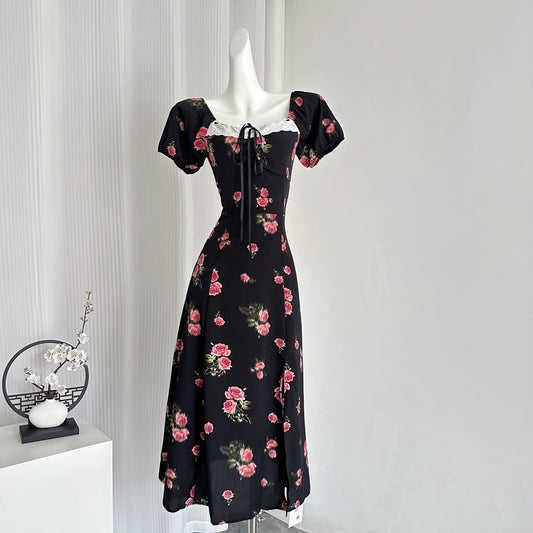 Youni's homemade ◆ 5.24 AM10:00 French retro square neck summer printed dress
