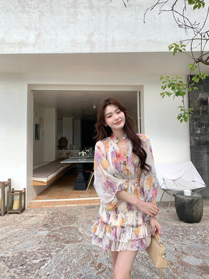 Syeee Wind Kissing Flower Eaves Heavy-duty Pleated Floral Dress Women's Spring/Summer French Romantic Style Flowing Skirt