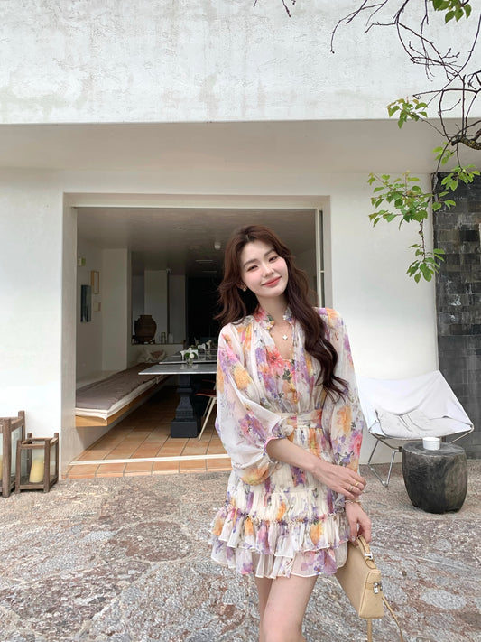 Syeee Wind Kissing Flower Eaves Heavy-duty Pleated Floral Dress Women's Spring/Summer French Romantic Style Flowing Skirt