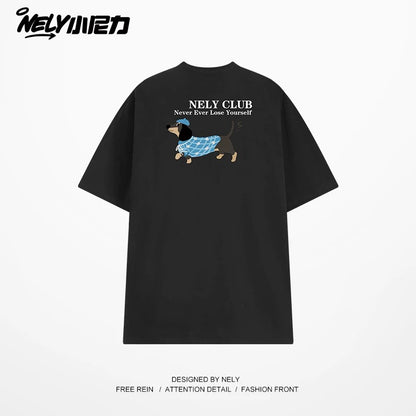 NELY Little Nelly Dachshund Printed White Short-sleeved T-shirt for Men and Women 2025 New Summer Loose Couple Tops