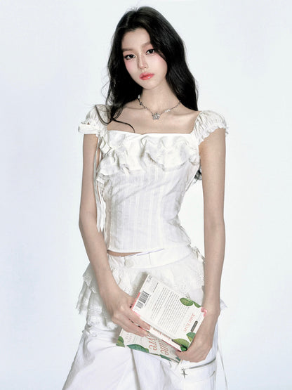 Fragileheart Fragile Store·Summer Chant French lace off-shoulder top two-way wear one-shoulder T-shirt