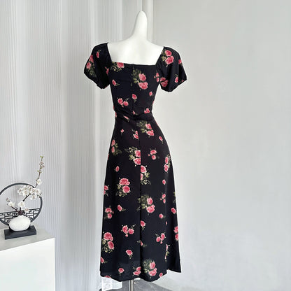Youni's homemade ◆ 5.24 AM10:00 French retro square neck summer printed dress