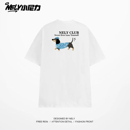 NELY Little Nelly Dachshund Printed White Short-sleeved T-shirt for Men and Women 2025 New Summer Loose Couple Tops