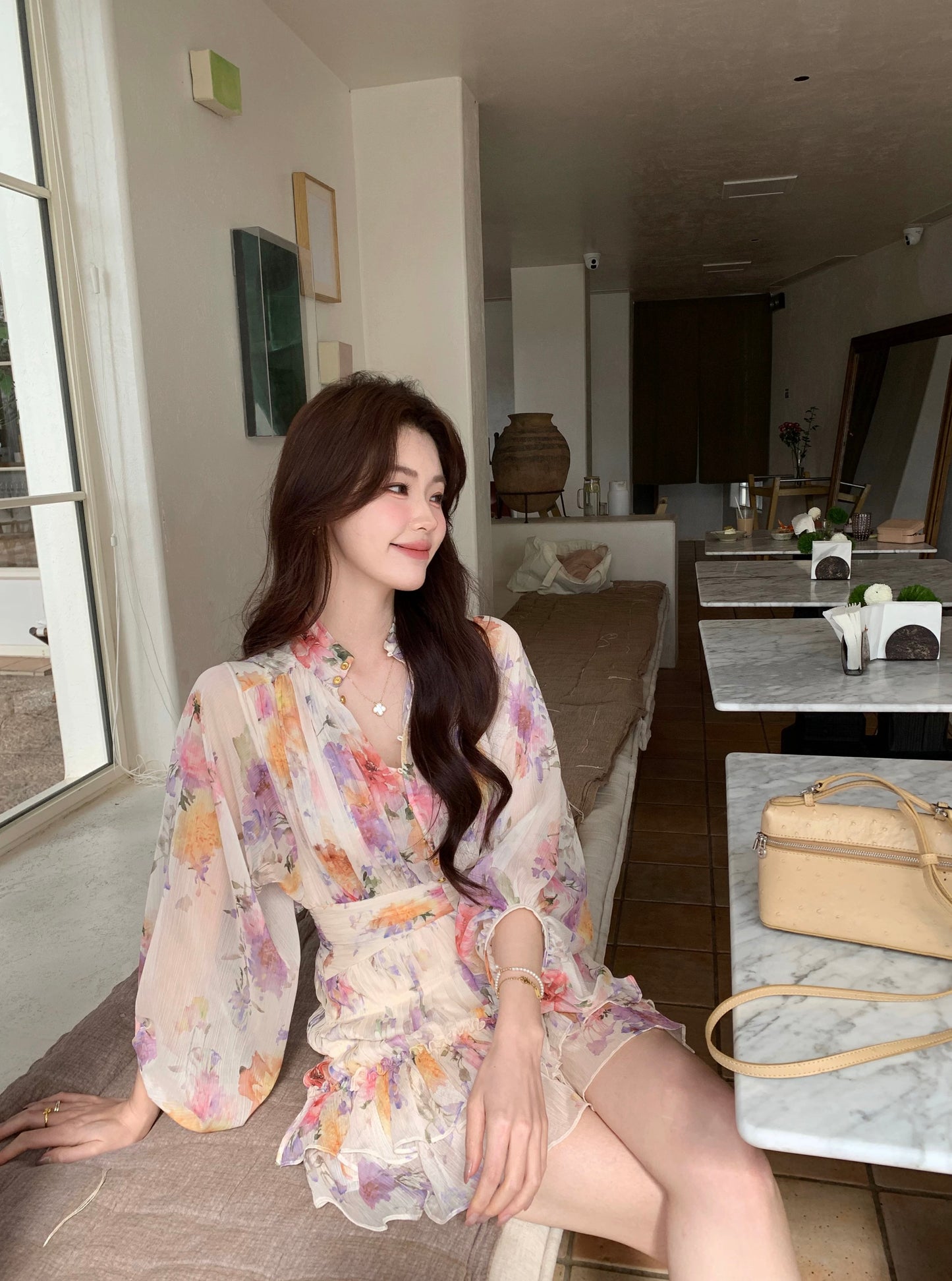 Syeee Wind Kissing Flower Eaves Heavy-duty Pleated Floral Dress Women's Spring/Summer French Romantic Style Flowing Skirt