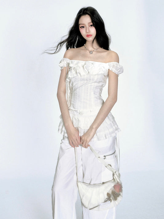 Fragileheart Fragile Store·Summer Chant French lace off-shoulder top two-way wear one-shoulder T-shirt