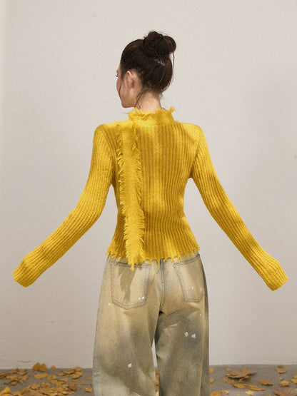 Xie Bu Rou tassel raw edge V-neck long-sleeved knitted sweater for women autumn design with ribbon waist slim fit top