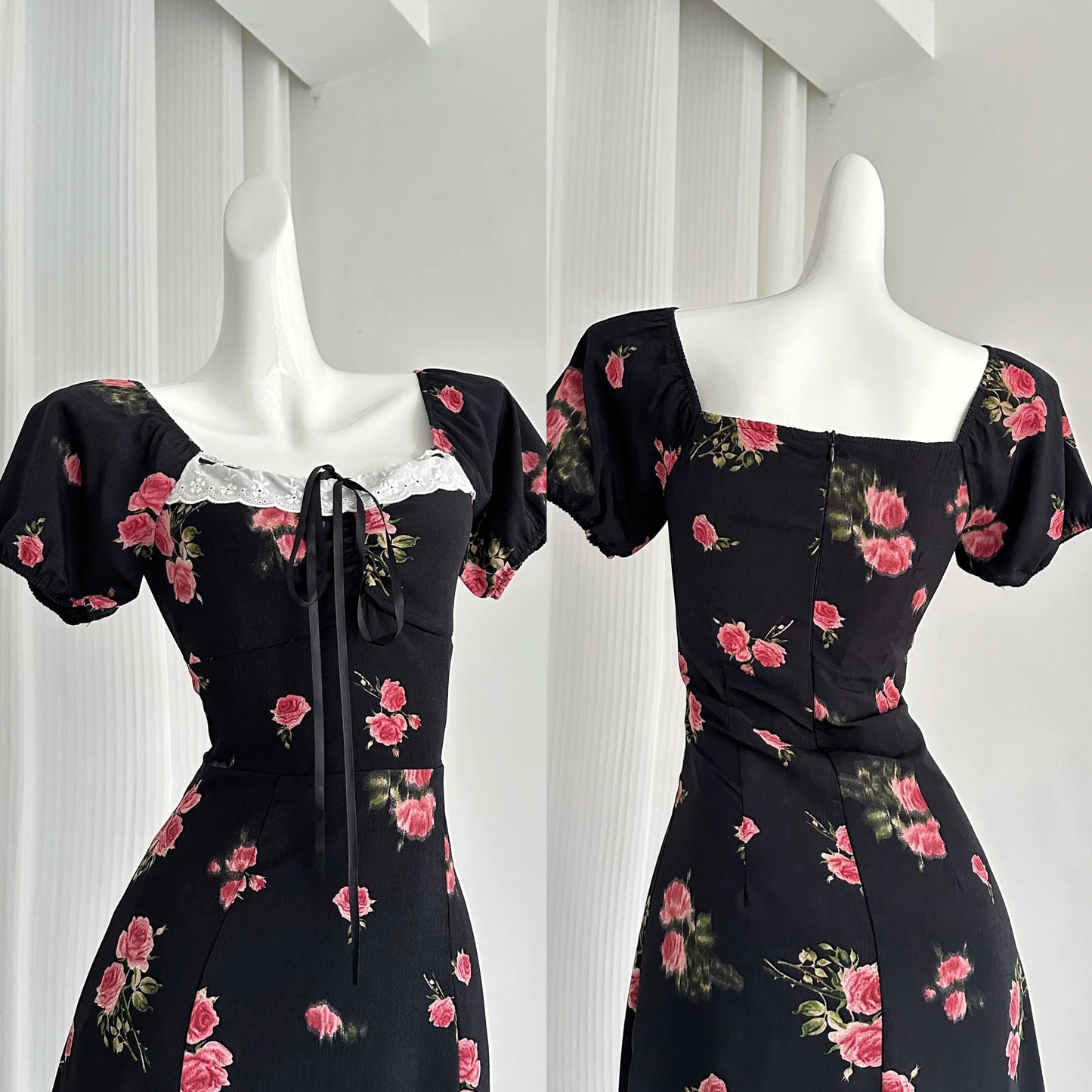 Youni's homemade ◆ 5.24 AM10:00 French retro square neck summer printed dress