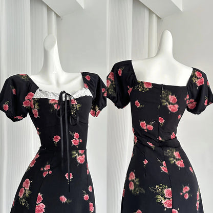 Youni's homemade ◆ 5.24 AM10:00 French retro square neck summer printed dress