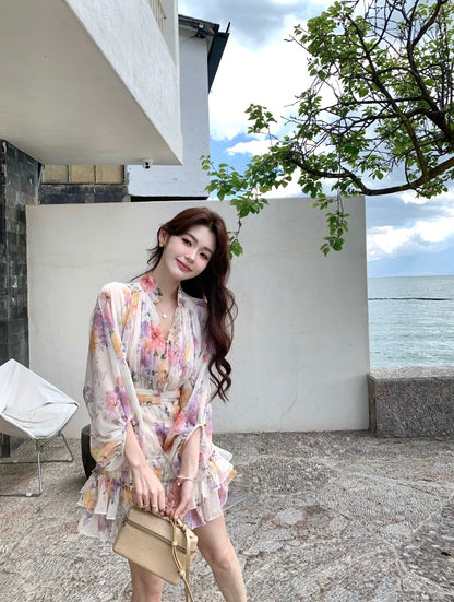 Syeee Wind Kissing Flower Eaves Heavy-duty Pleated Floral Dress Women's Spring/Summer French Romantic Style Flowing Skirt