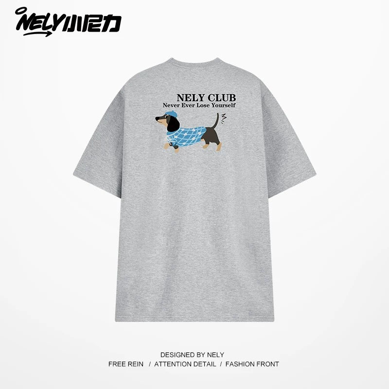 NELY Little Nelly Dachshund Printed White Short-sleeved T-shirt for Men and Women 2025 New Summer Loose Couple Tops