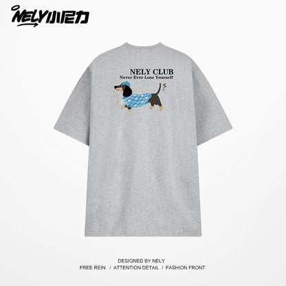 NELY Little Nelly Dachshund Printed White Short-sleeved T-shirt for Men and Women 2025 New Summer Loose Couple Tops