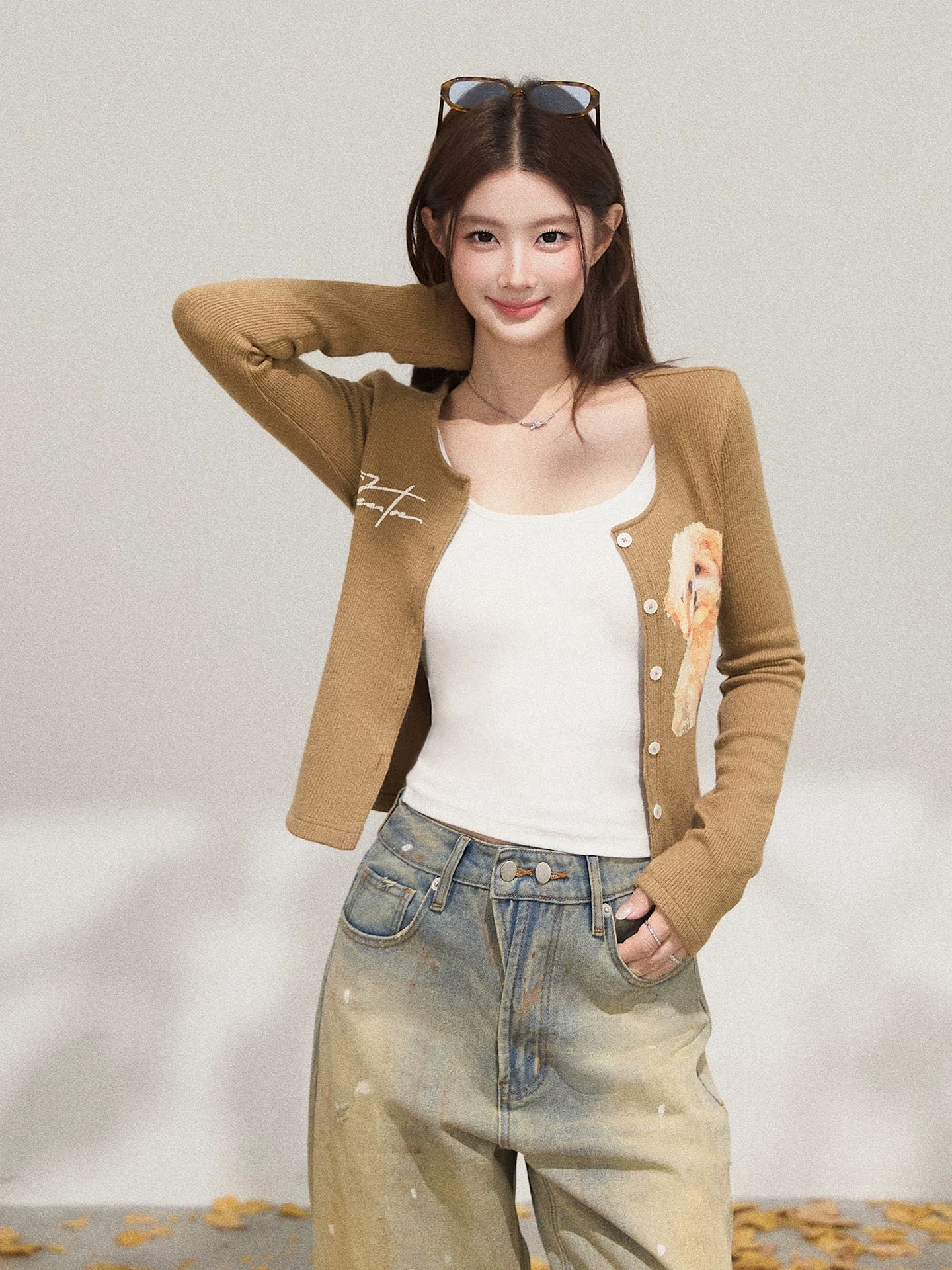 Xie Bu Rou Dog Print Straight Shoulder Collarless Brown Long Sleeve Cardigan Women's Autumn Temperament Casual Fashion Cardigan