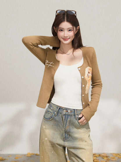 Xie Bu Rou Dog Print Straight Shoulder Collarless Brown Long Sleeve Cardigan Women's Autumn Temperament Casual Fashion Cardigan