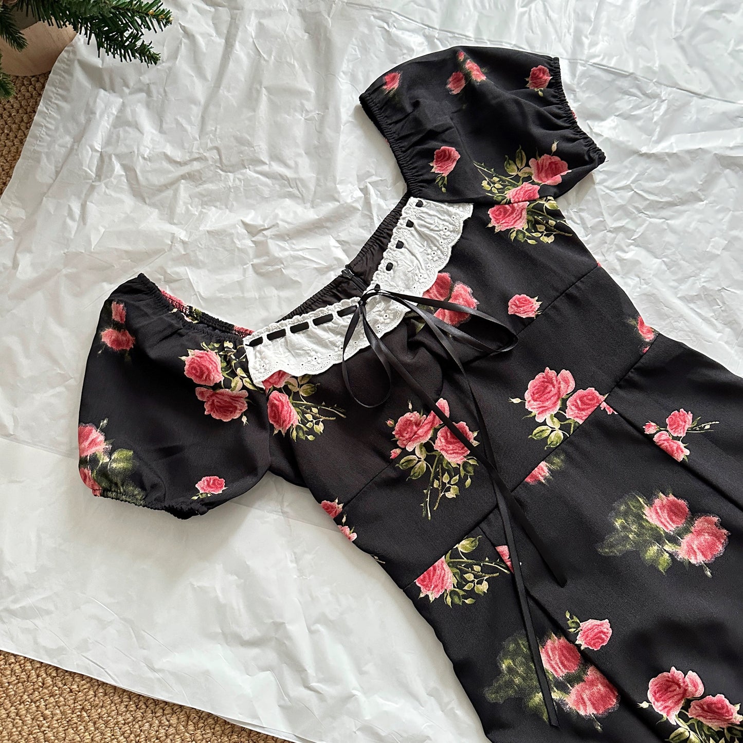 Youni's homemade ◆ 5.24 AM10:00 French retro square neck summer printed dress