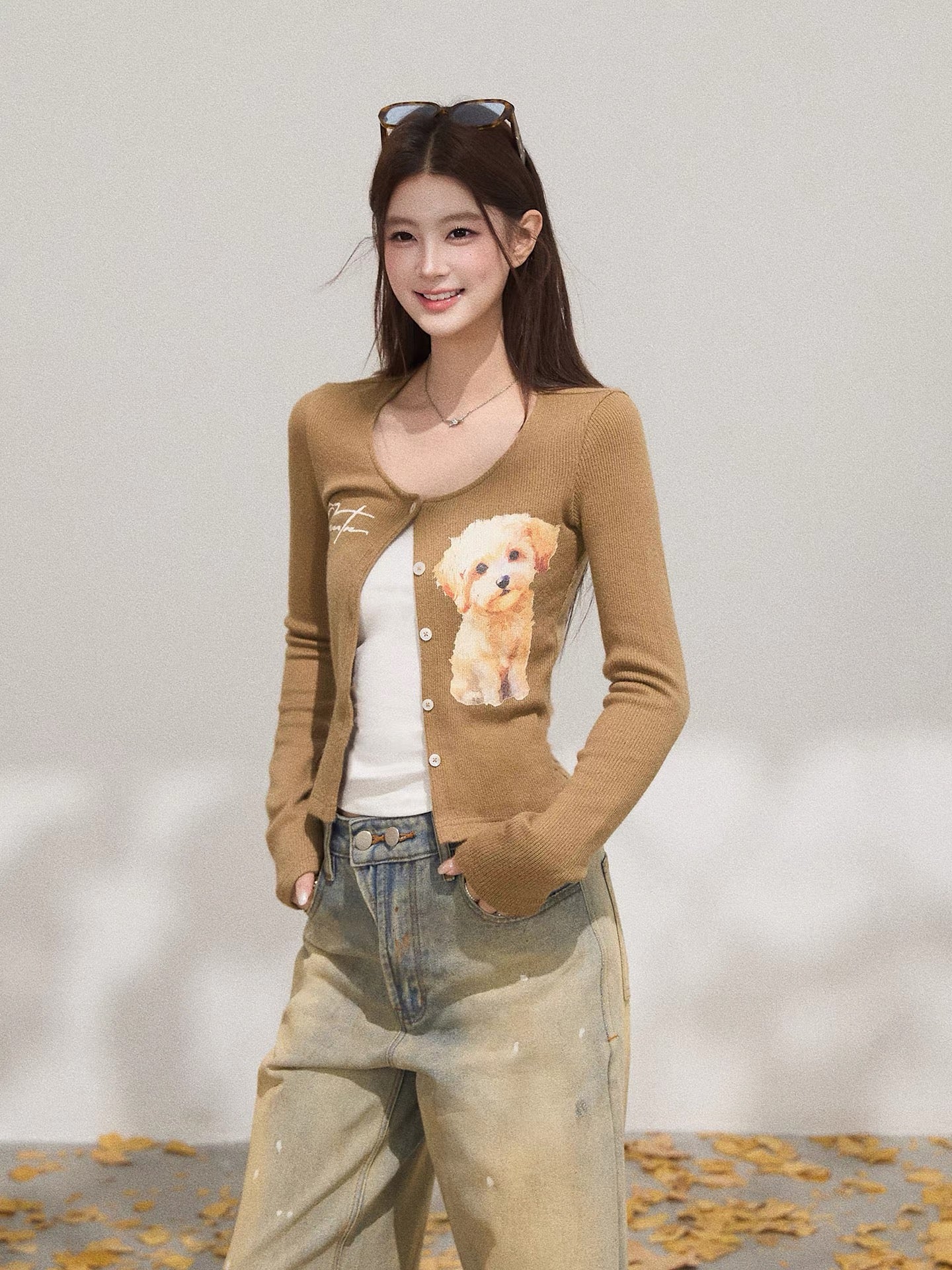 Xie Bu Rou Dog Print Straight Shoulder Collarless Brown Long Sleeve Cardigan Women's Autumn Temperament Casual Fashion Cardigan