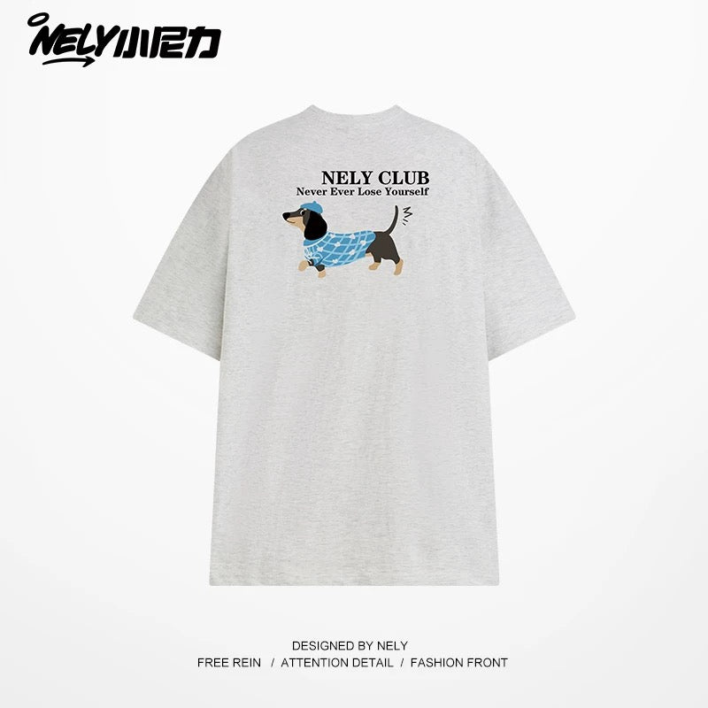 NELY Little Nelly Dachshund Printed White Short-sleeved T-shirt for Men and Women 2025 New Summer Loose Couple Tops