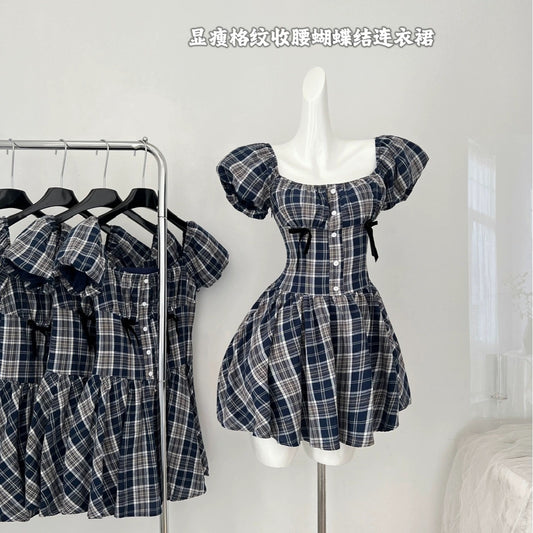 Youni's homemade midsummer night cold brew ju slimming plaid waist bow dress